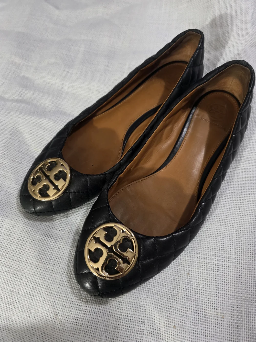 Tory Burch Reva Black Quilted Leather Ballet Flats Gold Logo Size 9.5
